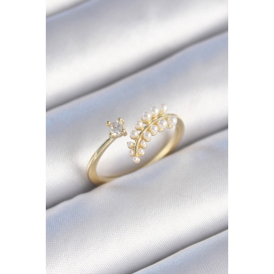 Pirinç Gold Renk Zirkon Taşlı İncili Yaprak Model Kadın Yüzük Pirinç Gold Renk Zirkon Taşlı İncili Yaprak Model Kadın Yüzük