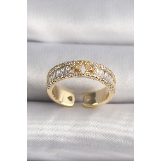 Pirinç Gold Renk Zirkon Taşlı Yıldız İşleme VIP Seri Kadın Yüzük Pirinç Gold Renk Zirkon Taşlı Yıldız İşleme VIP Seri Kadın Yüzük