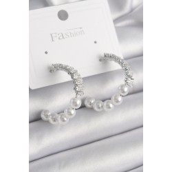 Pirinç Gümüş Renk Zirkon Taşlı İncili Halka Model Kadın Küpe
