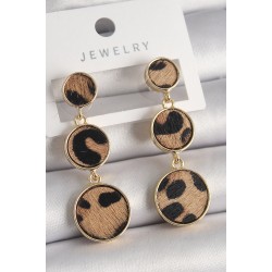 Pirinç Gold Renk 3'Lü Leopar Desenli Sallantı Daire Plaka Model Kadın Küpe