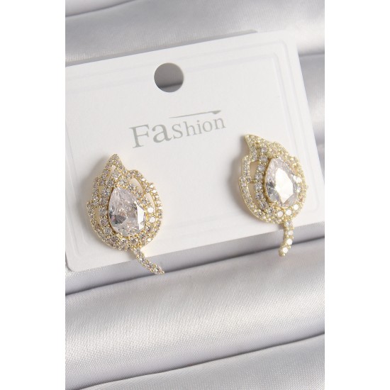 Pirinç Gold Renk Zirkon Taşlı Yaprak Model Kadın Küpe Pirinç Gold Renk Zirkon Taşlı Yaprak Model Kadın Küpe