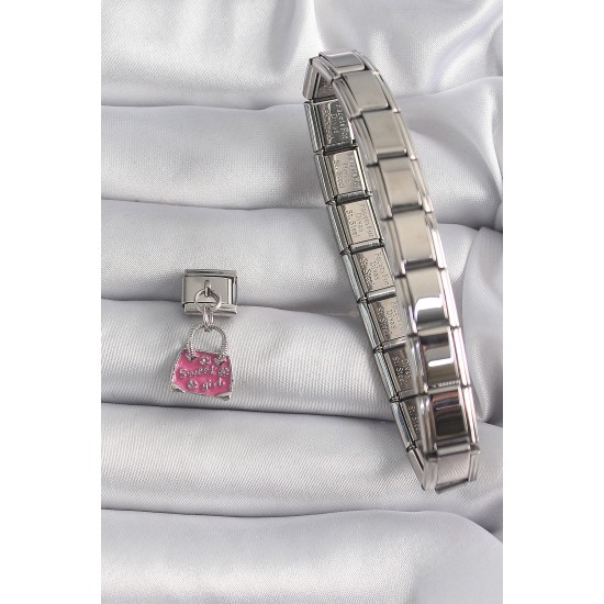 316L Çelik Gümüş Renk Sallantı Pembe Çanta Model Nomination Charm 316L Çelik Gümüş Renk Sallantı Pembe Çanta Model Nomination Charm