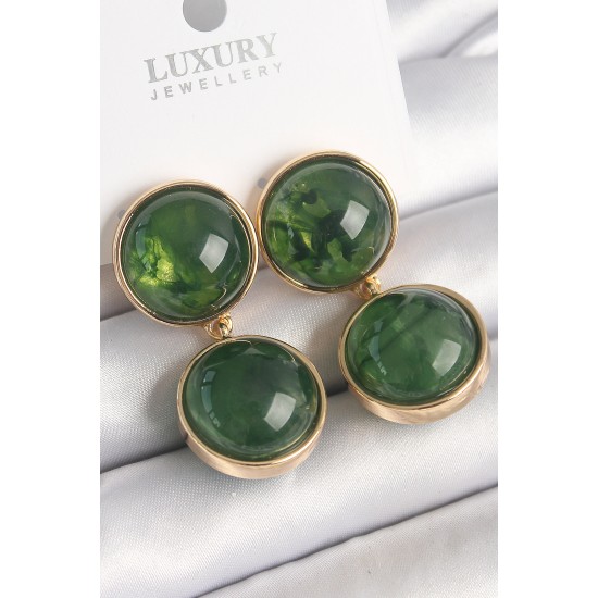 Pirinç Gold Renk Sallantı Yeşil Mineli Daire Model Kadın Küpe Pirinç Gold Renk Sallantı Yeşil Mineli Daire Model Kadın Küpe