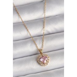 316L Çelik Gold Renk Zincir Pembe Zirkon Taşlı Kalp Model Kadın Kolye