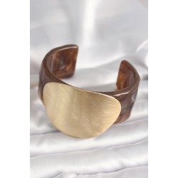Kahverengi Mermer Desen Akrilik Plastik Gold Daire Plaka Model Vintage Kadın Bilezik