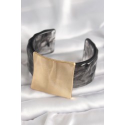 Siyah Mermer Desen Akrilik Plastik Gold Kare Plaka Model Vintage Kadın Bilezik