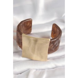 Kahverengi Mermer Desen Akrilik Plastik Gold Kare Plaka Model Vintage Kadın Bilezik