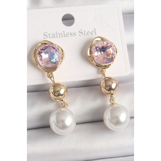 Pirinç Gold Renk Pembe Zirkon Taşlı Sallantı İnci Detay Kadın Küpe Pirinç Gold Renk Pembe Zirkon Taşlı Sallantı İnci Detay Kadın Küpe