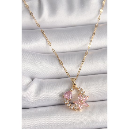 316L Çelik Gold Renk Zincir Pembe Zirkon Taşlı Çiçek Figür Kalp Detay Kadın Kolye 316L Çelik Gold Renk Zincir Pembe Zirkon Taşlı Çiçek Figür Kalp Detay Kadın Kolye