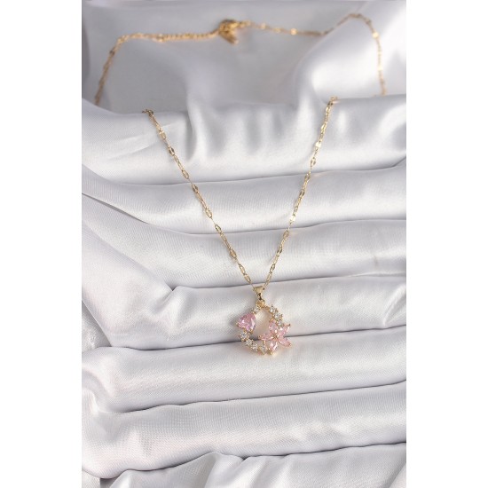 316L Çelik Gold Renk Zincir Pembe Zirkon Taşlı Çiçek Figür Kalp Detay Kadın Kolye 316L Çelik Gold Renk Zincir Pembe Zirkon Taşlı Çiçek Figür Kalp Detay Kadın Kolye