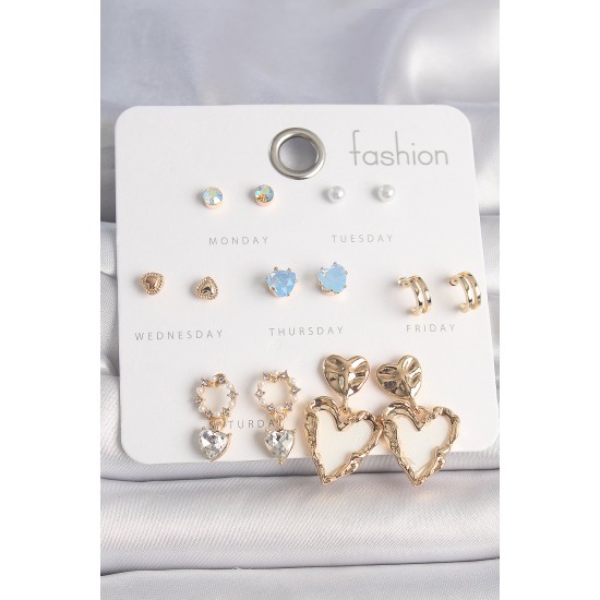 Pirinç Gold Renk Zirkon Taşlı Sallantı Beyaz Sedefli Kalp Model 7 Çift Kadın Küpe Seti Pirinç Gold Renk Zirkon Taşlı Sallantı Beyaz Sedefli Kalp Model 7 Çift Kadın Küpe Seti