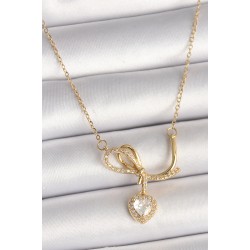 316L Çelik Gold Renk Zincir Zirkon Taşlı Düğüm Sallantı Kalp Model Kadın Kolye