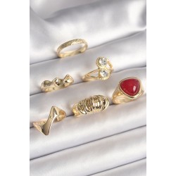 Pirinç Gold Renk Sarmal Modl Zirkon Taşlı Sarmal Detay 6'Lı Kadın Yüzük Seti