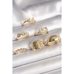 Pirinç Gold Renk Zirkon Taşlı Kalp Figür Çiçek Detay 6'Lı Kadın Yüzük Seti