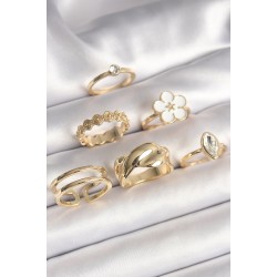 Pirinç Gold Renk Beyaz Çiçek Figür Zirkon Taşlı Kadın 6'Lı Kadın Yüzük Seti