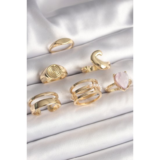 Pirinç Gold Renk Pembe Damla Mineli Sarmal İşleme Detaylı 6'Lı Kadın Yüzük Seti Pirinç Gold Renk Pembe Damla Mineli Sarmal İşleme Detaylı 6'Lı Kadın Yüzük Seti