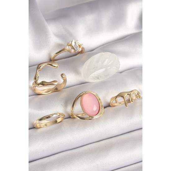 Pirinç Gold Renk Zirkonlı Oval Pembe Mineli 6'Lı Kadın Yüzük Seti Pirinç Gold Renk Zirkonlı Oval Pembe Mineli 6'Lı Kadın Yüzük Seti