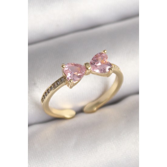 Pirinç Gold Renk Pembe Zirkon Taşlı Kalp Fiyonk Model Kadın Yüzük Pirinç Gold Renk Pembe Zirkon Taşlı Kalp Fiyonk Model Kadın Yüzük