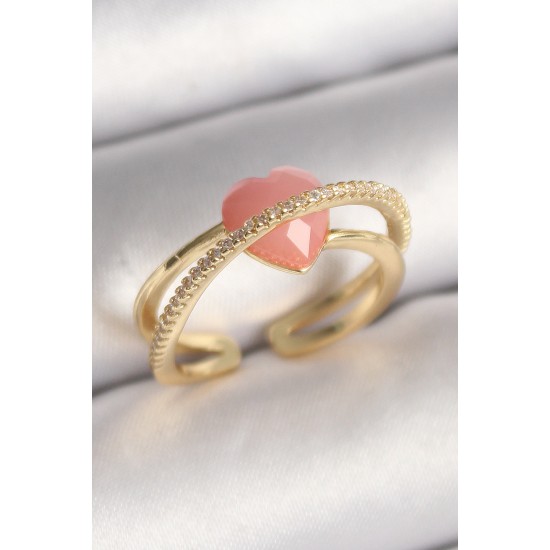 Pirinç Gold Renk Pembe Kristal Kalp Model Zirkon Taş Detaylı Kadın Yüzük Pirinç Gold Renk Pembe Kristal Kalp Model Zirkon Taş Detaylı Kadın Yüzük