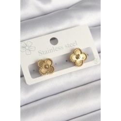 316L Çelik Gold Renk İşleme Detaylı Yonca Model Kadın Küpe