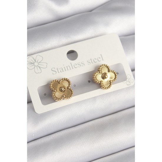 316L Çelik Gold Renk İşleme Detaylı Yonca Model Kadın Küpe 316L Çelik Gold Renk İşleme Detaylı Yonca Model Kadın Küpe