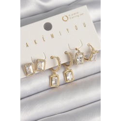 Pirinç Gold Renk Sallantı Kare Zirkon Taşlı VIP Seri Kadın Küpe Seti