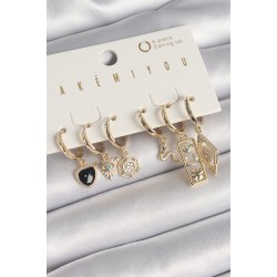Pirinç Gold Renk Zirkon Taşlı Çoklu Sallantı Figür VIP Seri Kadın Küpe Seti