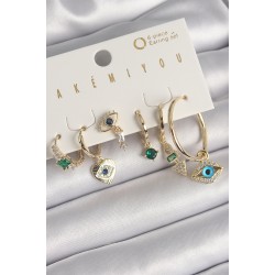 Pirinç Gold Renk Sallantı Zirkon Taşlı Göz Figür VIP Seri Kadın Küpe Seti