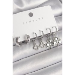 Pirinç Gümüş Renk Sallantı Zirkon Taşlı Yonca Model Kadın Küpe Seti