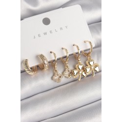 Pirinç Gold Renk Sallantı Zirkon Taşlı Yonca Model Kadın Küpe Seti