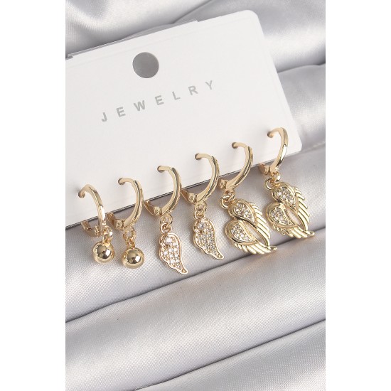 Pirinç Gold Renk Sallantı Zirkon Taşlı Kanat Model Topçuk Detay Kadın Küpe Seti Pirinç Gold Renk Sallantı Zirkon Taşlı Kanat Model Topçuk Detay Kadın Küpe Seti