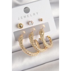 Pirinç Gold Renk Zirkon Taşlı Topçuk Detay Yılan Halka Model Kadın Küpe Seti