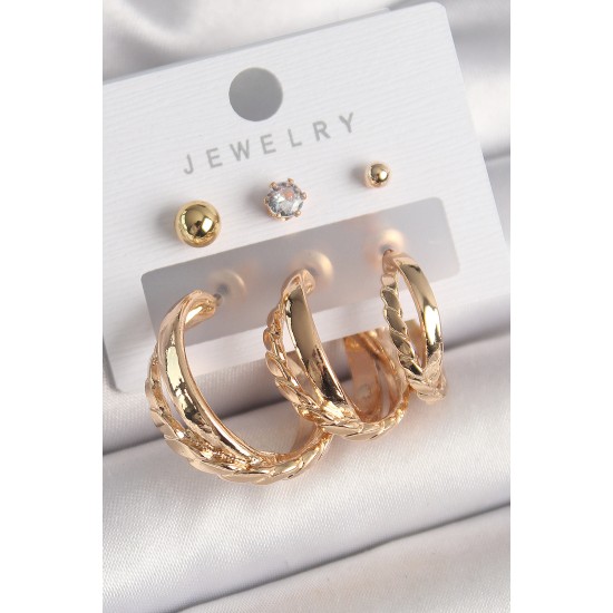 Pirinç Gold Renk 3'Lü Halka Model Zirkon Taş Topçuk Model Kadın Küpe Seti Pirinç Gold Renk 3'Lü Halka Model Zirkon Taş Topçuk Model Kadın Küpe Seti