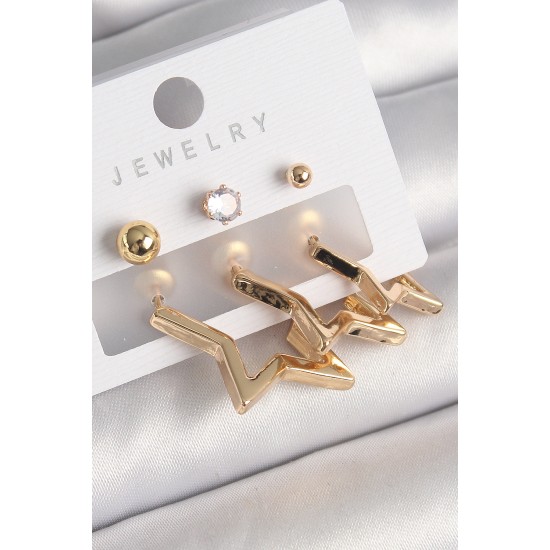 Pirinç Gold Renk Yıldız Model Zirkon Taşlı Topçuk Detay Kadın Küpe Seti Pirinç Gold Renk Yıldız Model Zirkon Taşlı Topçuk Detay Kadın Küpe Seti