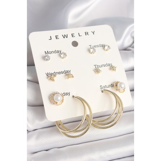 Pirinç Gold Renk Zirkon Taşlı İncili Halka Figür 7'Li Set Model Kadın Küpe Seti Pirinç Gold Renk Zirkon Taşlı İncili Halka Figür 7'Li Set Model Kadın Küpe Seti
