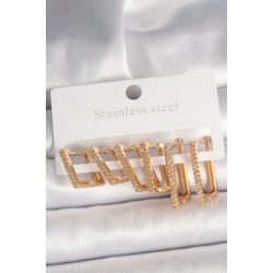 Pirinç Gold Renk Zirkon Taşlı 3 Çift Kare Model Kadın Küpe