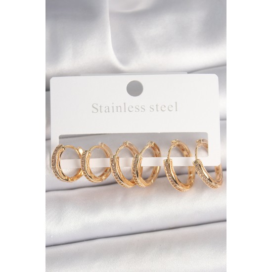 Pirinç Gold Renk Zirkon Taşlı 3 Çift Daire Model Kadın Küpe Pirinç Gold Renk Zirkon Taşlı 3 Çift Daire Model Kadın Küpe