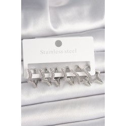 Pirinç Gümüş Renk Zirkon Taşlı 3 Çift Yıldız Model Kadın Küpe