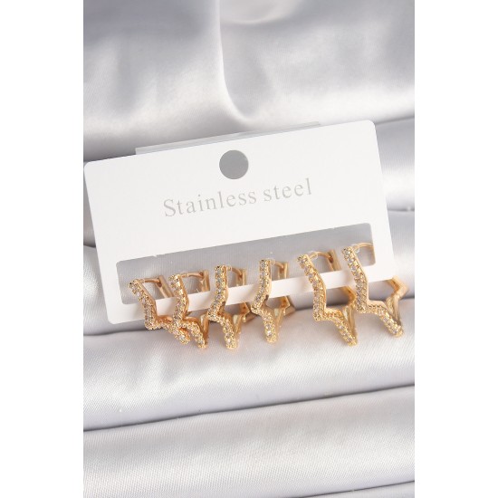 Pirinç Gold Renk Zirkon Taşlı 3 Çift Yıldız Model Kadın Küpe Pirinç Gold Renk Zirkon Taşlı 3 Çift Yıldız Model Kadın Küpe