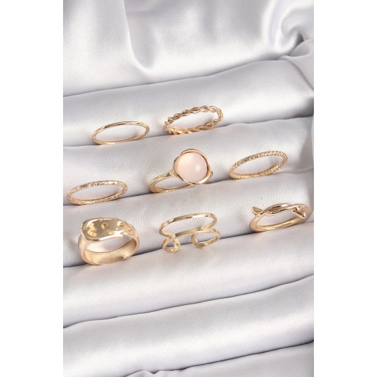 Pirinç Gold Renk Pembe Mineli Kemer Model Kadın Yüzük Kombini Pirinç Gold Renk Pembe Mineli Kemer Model Kadın Yüzük Kombini