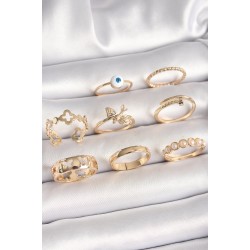 Pirinç Gold Renk Nazar Boncuk Model Kuş Detay Kadın Yüzük Kombini