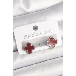 Pirinç Gümüş Renk Bordo Yonca Model Kadın Küpe
