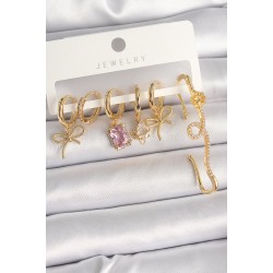 Pirinç Gold Renk Sallantı Kurdele Model Pembe Kare Zirkon Taşlı Kadın Küpe Seti