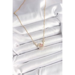 316L Çelik Gold Renk Zirkon Taşlı Hilal Pembe Kalp Model Kadın Kolye