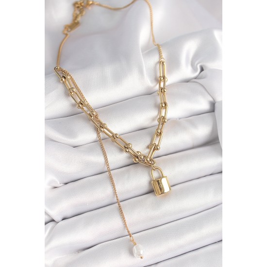 316L Çelik Gold Renk Tiffany Zincir Model Kilit Figür Sallantı İnci Detay Kadın Kolye 316L Çelik Gold Renk Tiffany Zincir Model Kilit Figür Sallantı İnci Detay Kadın Kolye