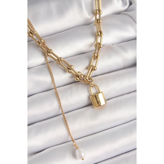 316L Çelik Gold Renk Tiffany Zincir Model Kilit Figür Sallantı İnci Detay Kadın Kolye 316L Çelik Gold Renk Tiffany Zincir Model Kilit Figür Sallantı İnci Detay Kadın Kolye