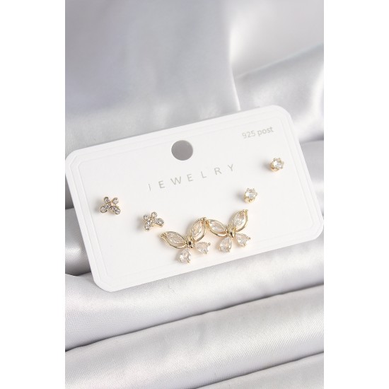 925 Ayar Çivi Gümüş Pirinç Gold Renk Zirkon Taşlı Kelebek Model Kadın Küpe Seti 925 Ayar Çivi Gümüş Pirinç Gold Renk Zirkon Taşlı Kelebek Model Kadın Küpe Seti