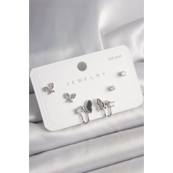 925 Ayar Gümüş Çivi Pirinç Gümüş Renk Zirkon Taşlı Kelebek Model Kadın Küpe Seti