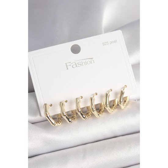 925 Ayar Gümüş Çivi Pirinç Gold Renk Bambu Halka Model Kadın Küpe Seti 925 Ayar Gümüş Çivi Pirinç Gold Renk Bambu Halka Model Kadın Küpe Seti