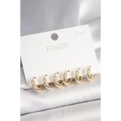 925 Ayar Gümüş Çivi Pirinç Gold Renk İşlemeli Halka Model Kadın Küpe Seti